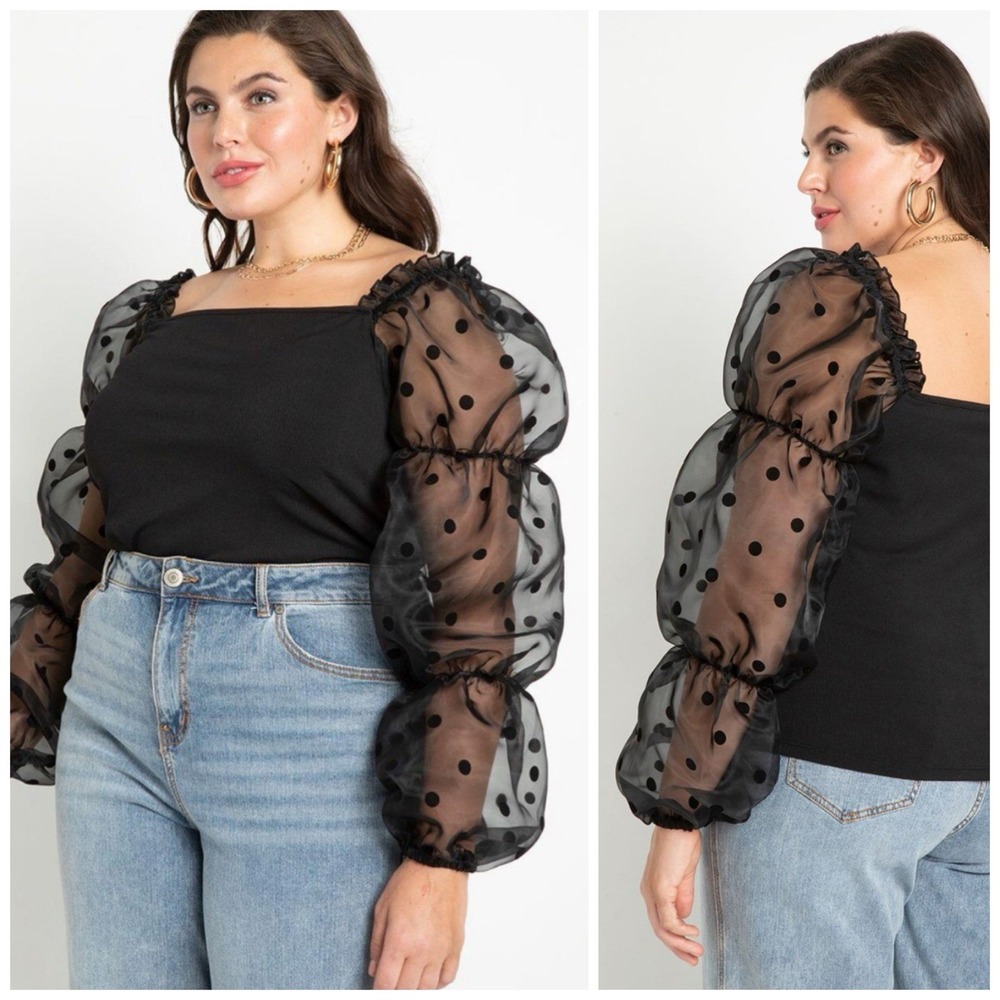 Eloquii 3X 22/24 Sheer Puff Sleeve Blouse Black Flocked Organza Square Neck‎ Top